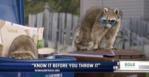 Video still of raccoons on recycling bins