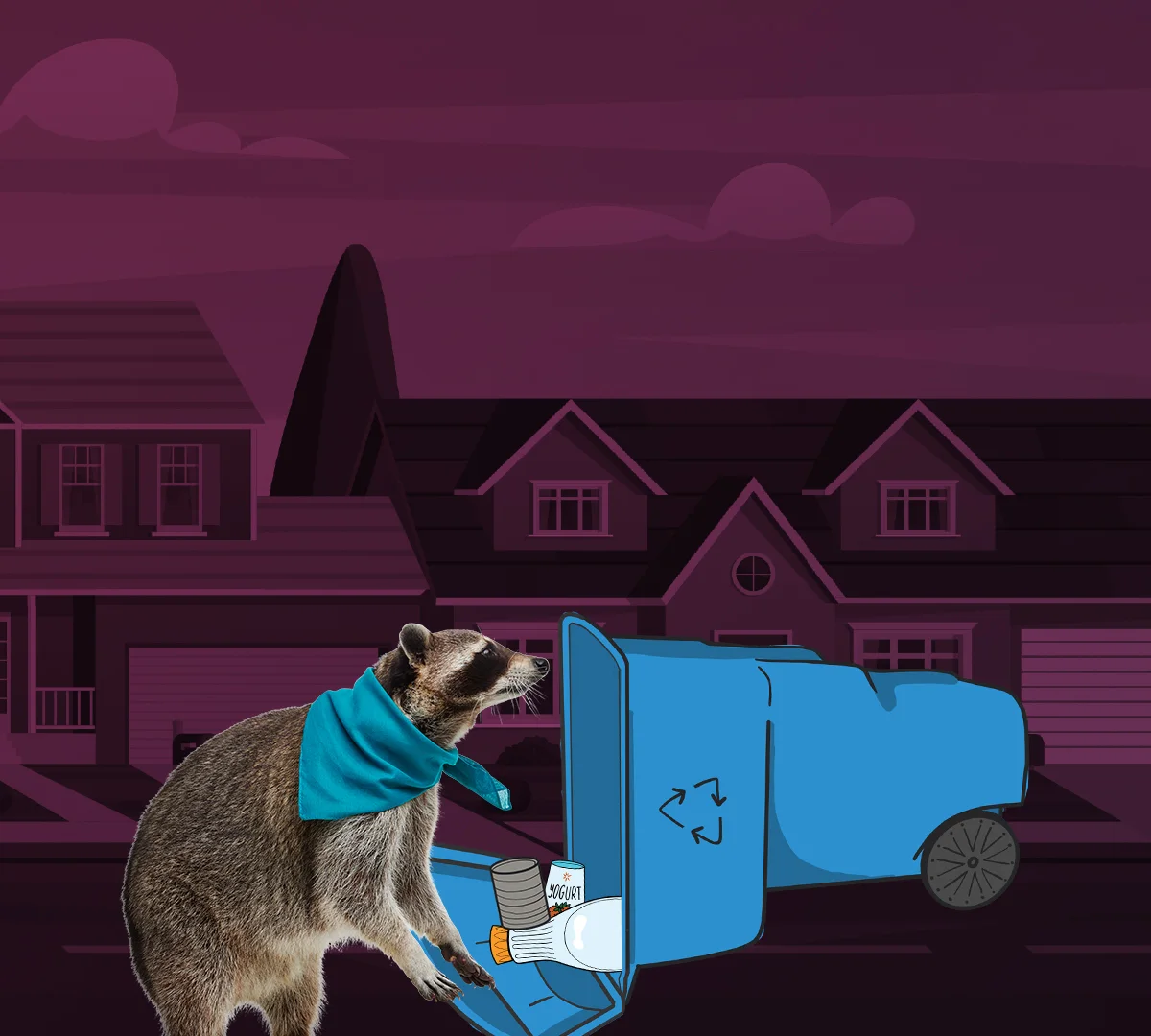 Frank leans into an open blue recycling cart filled with a yogurt cup, a jug and a can.