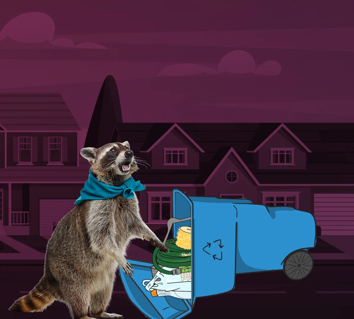 A startled Frank stands beside a recycling cart with a coiled garden hose tangled inside it.