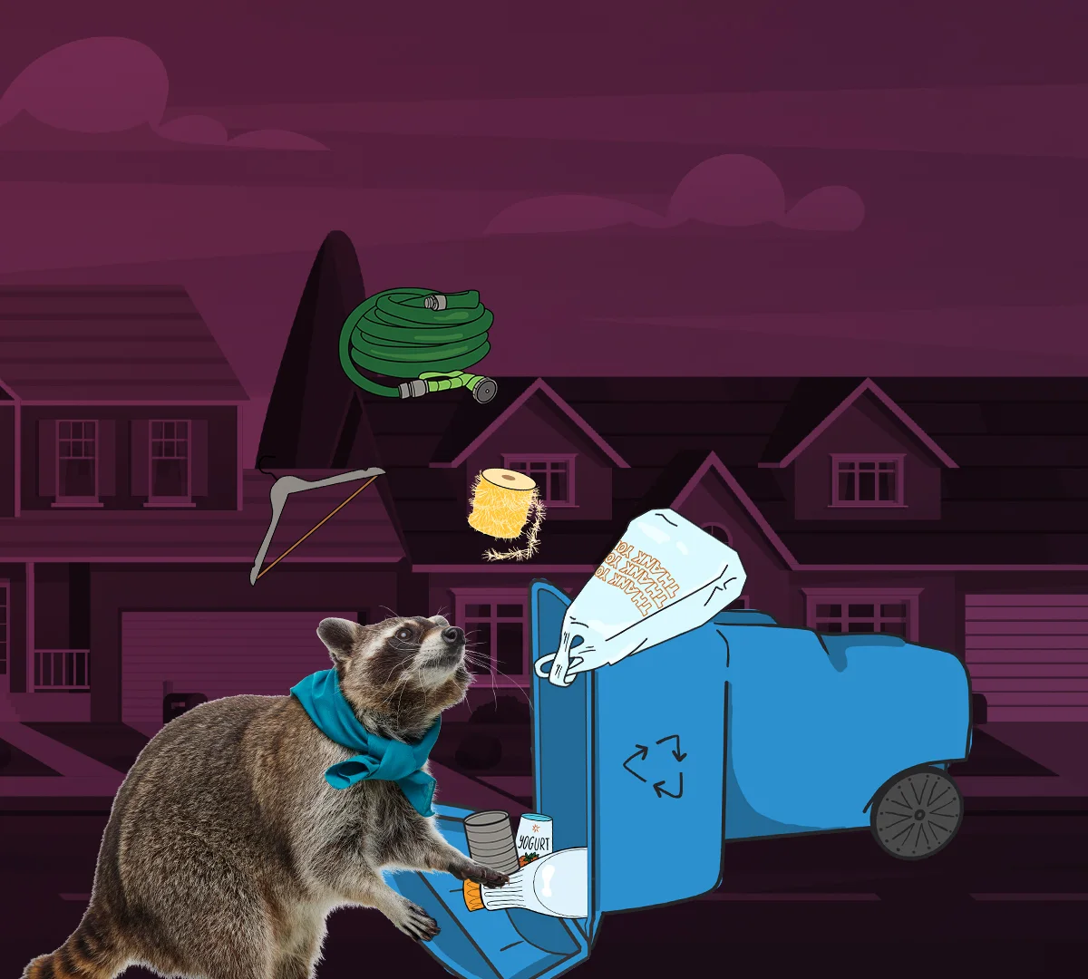 Frank pulls a hose, a hanger and a spool of string lights up out of a recycling cart.
