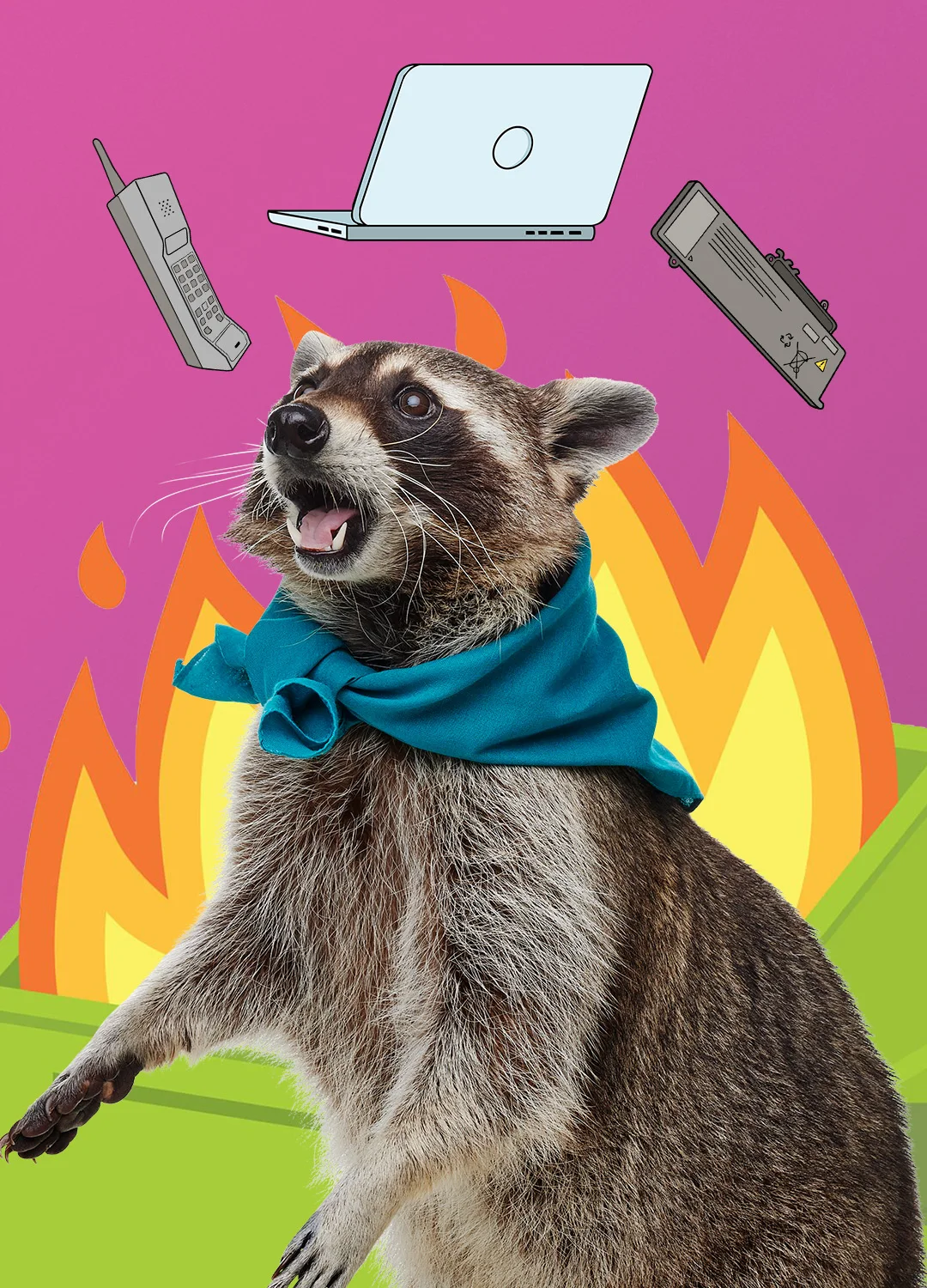 A wide-eyed raccoon in front of flames as a cellphone, laptop and battery pack fall around him.