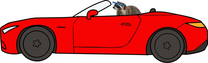 Gladys the raccoon driving a red convertible in blue sunglasses.