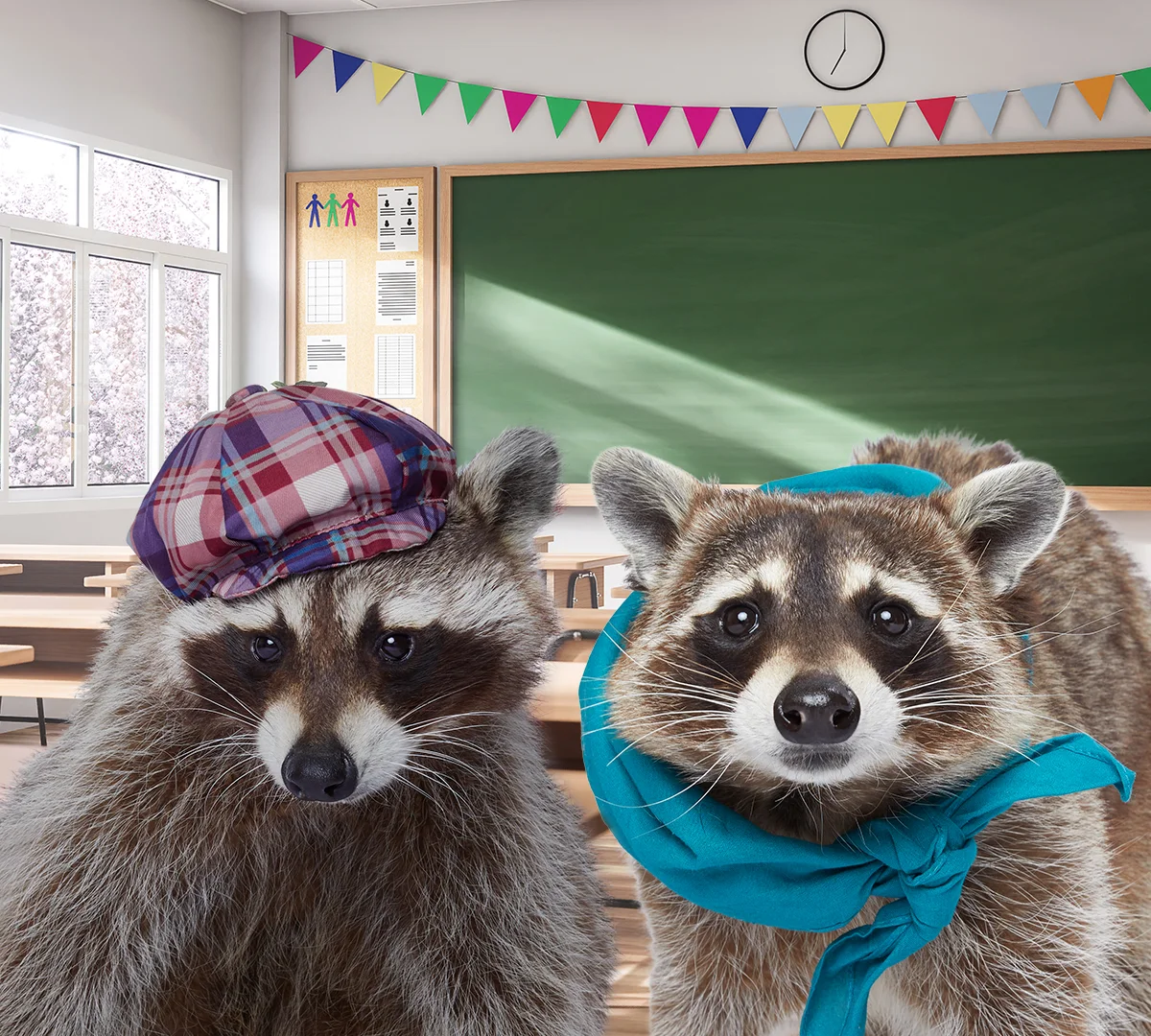 Frank in his teal bandana and Paper in a plaid cap standing in Nyla's classroom.