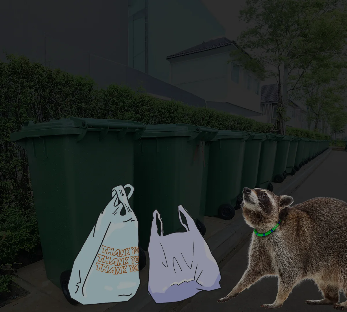 Nyla beside a row of green carts at night, facing two plastic bags left on the pavement.