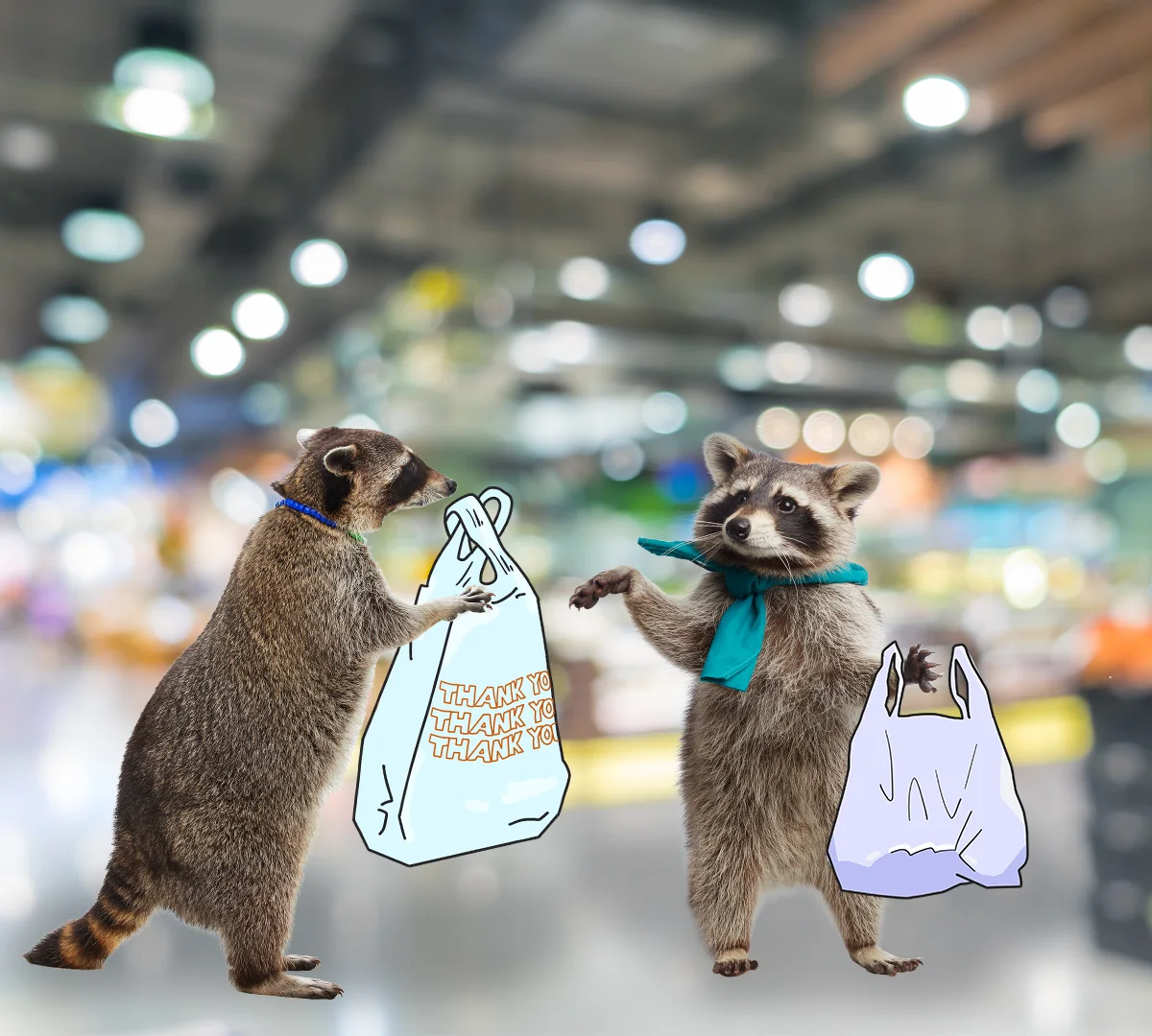 Two raccoons carrying plastic bags back into a grocery store.