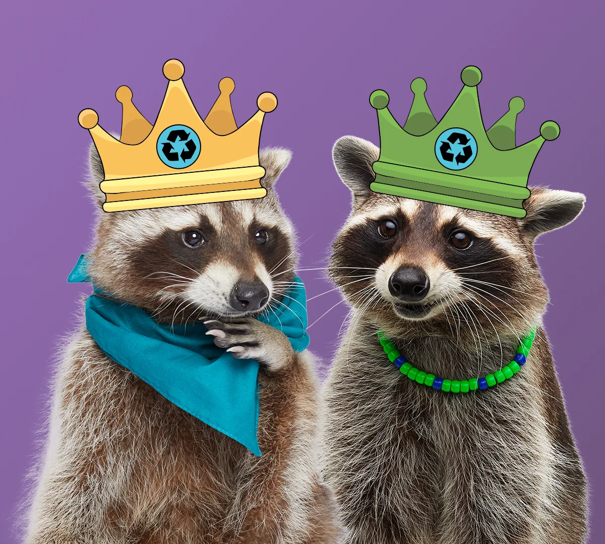 Frank and Nyla side by side wearing gold and green crowns with recycling symbols.