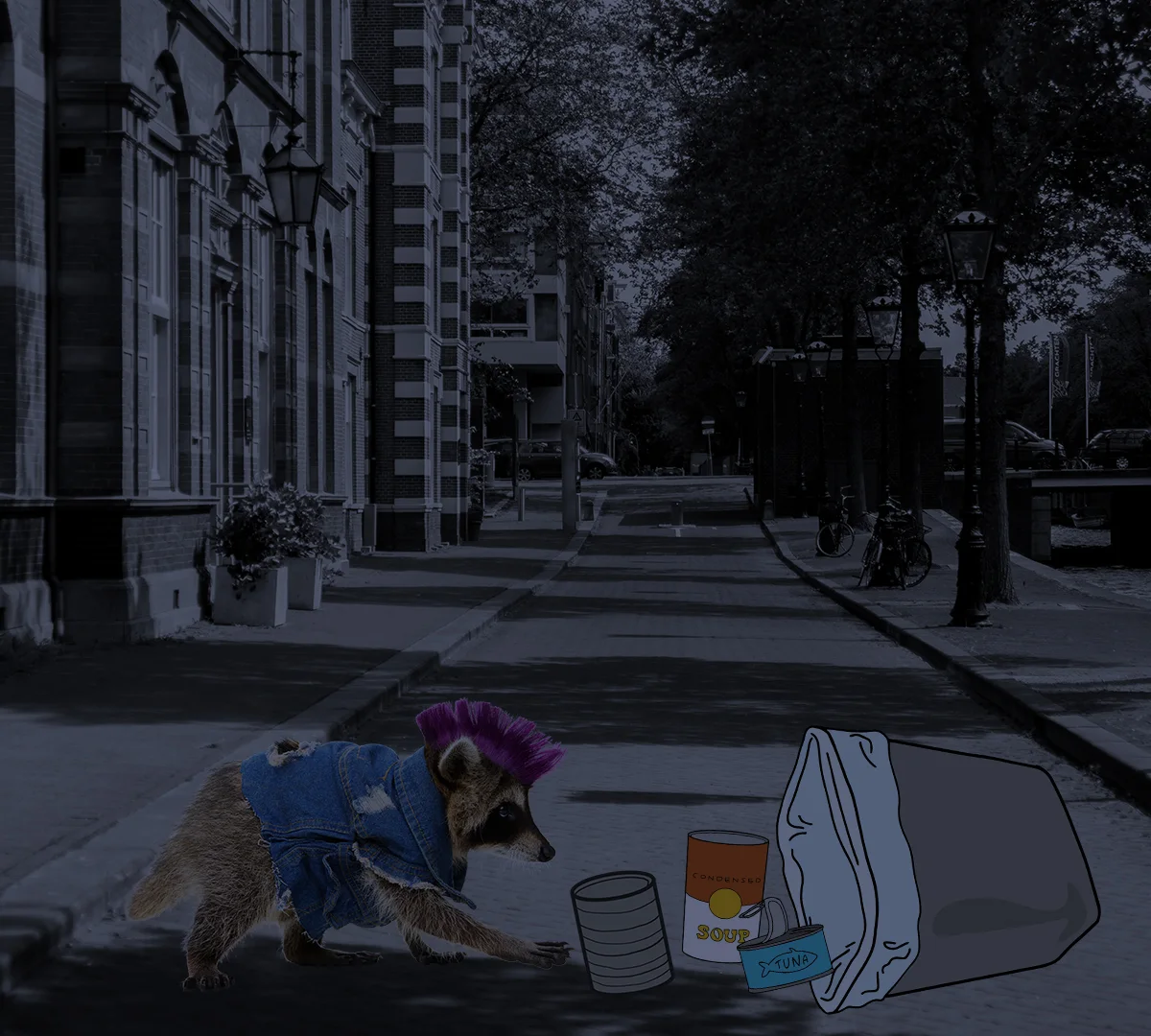 Precious crouches in a grey street beside a tipped bin, a pizza box and cans spilled around her.