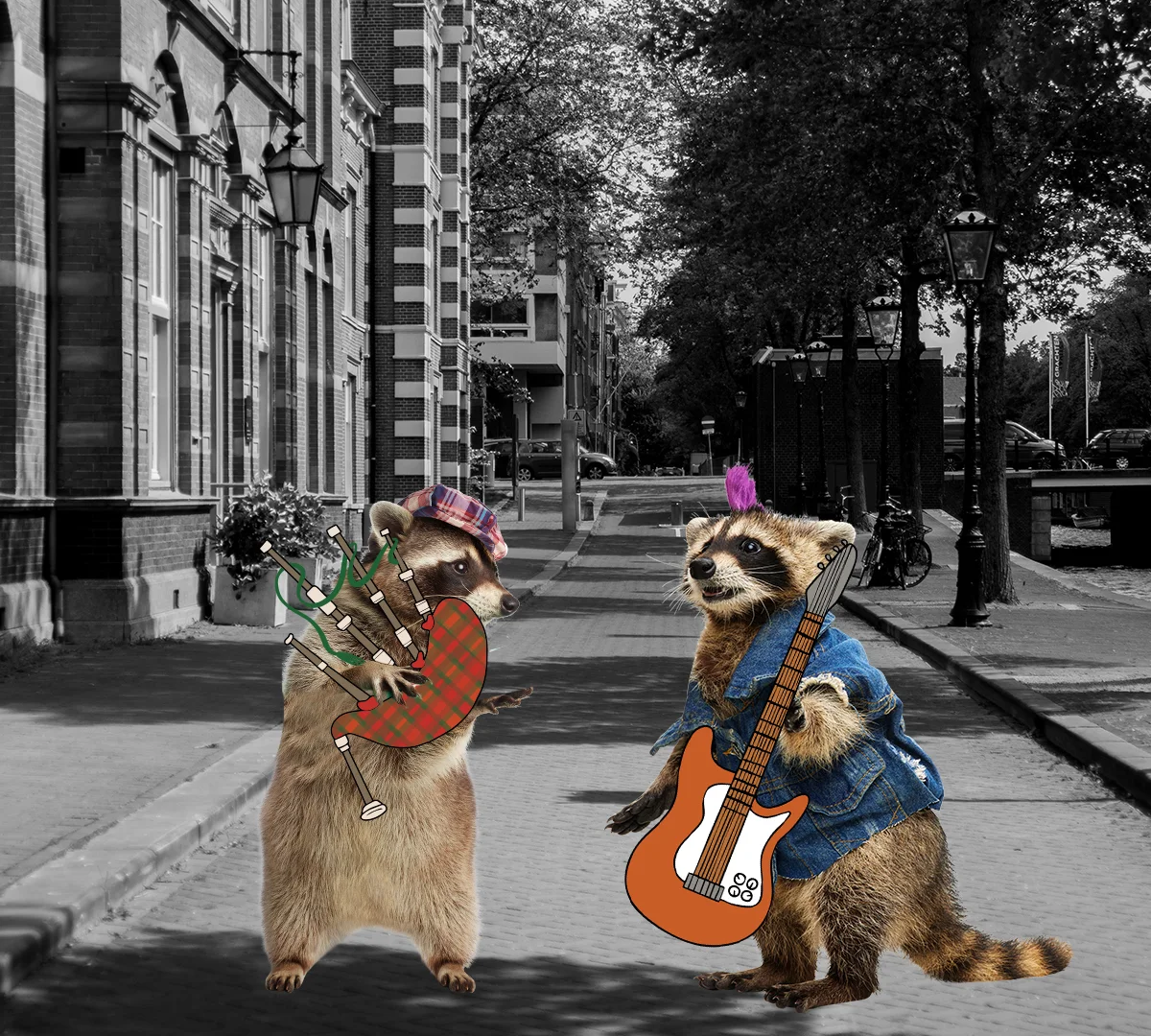 Paper with his bagpipes and Precious with an orange guitar standing together in the street.