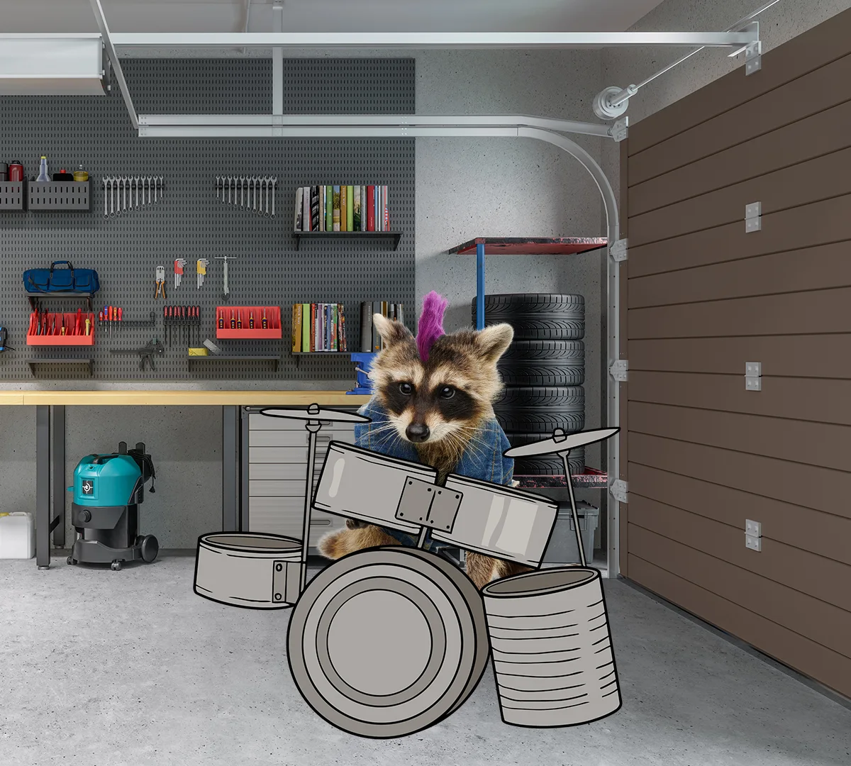 Precious plays a drum kit built from metal cans in a garage.