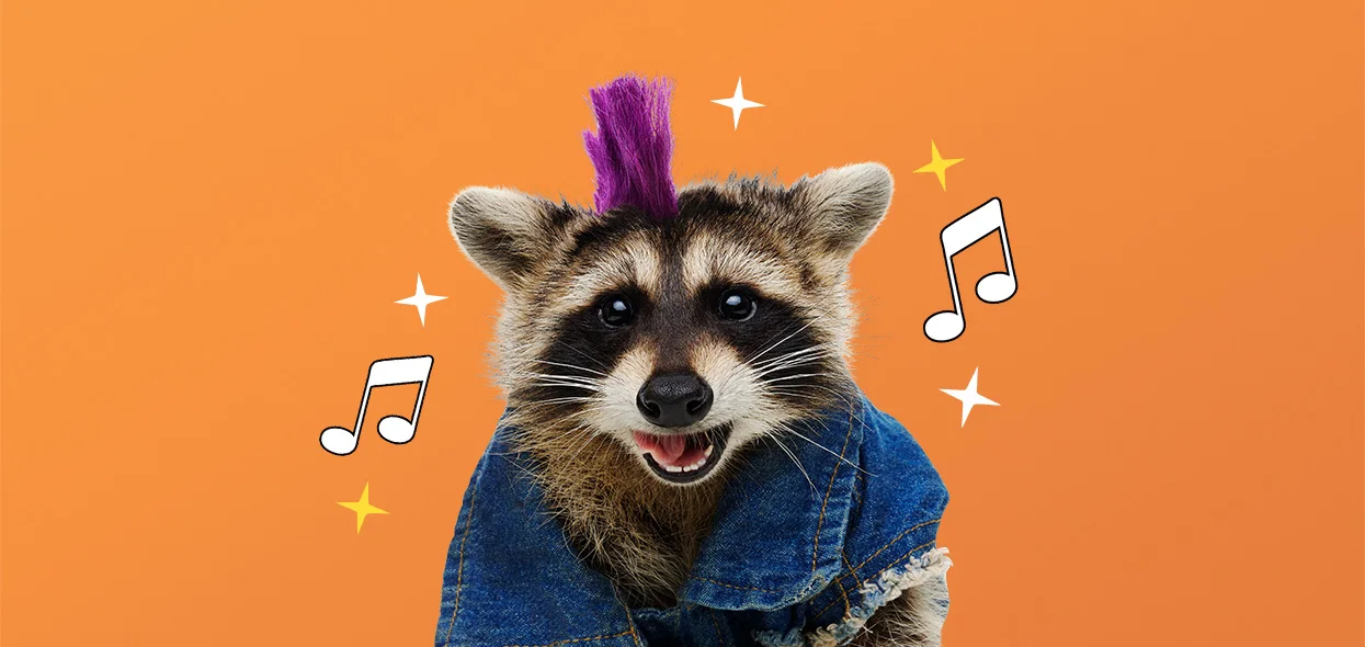 Precious the raccoon in a denim jacket with a purple mohawk against orange, framed by music notes.