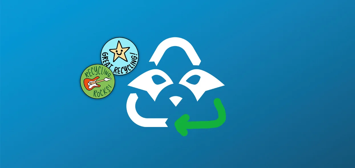 A white recycling-symbol raccoon face on blue, beside two enamel pins reading Great Recycling and Recycling Rocks.